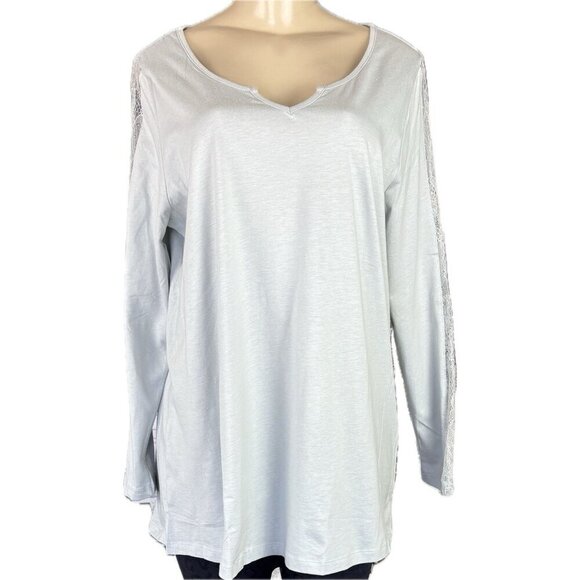 Ellos L -14/16 Light Gray Split Neckline Cotton Blend Lace Inlay Long Sleeve Tee - Picture 2 of 6